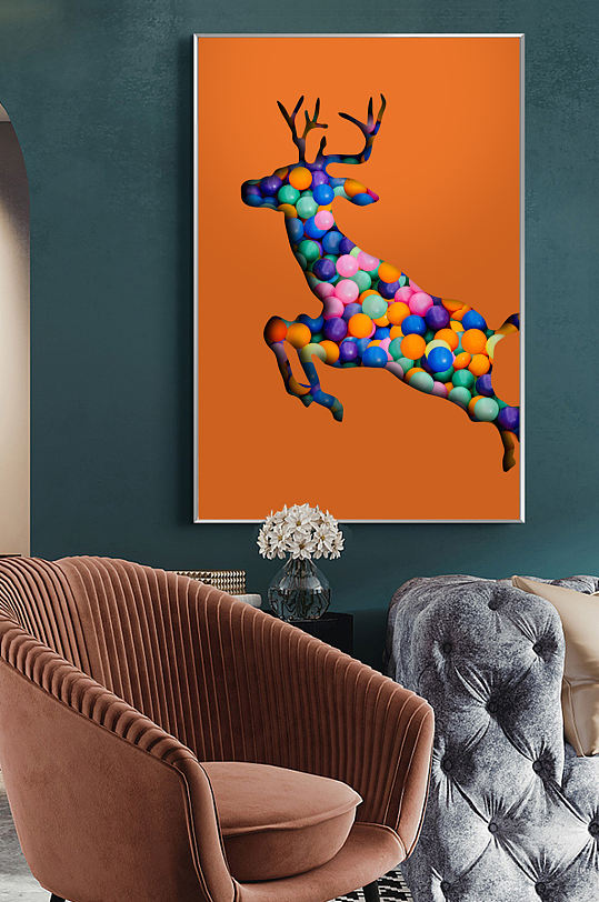 现代抽象一鹿高升3D立体圆球玄关装饰画