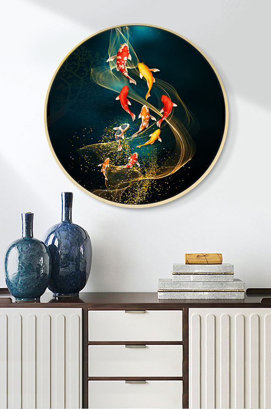 现代轻奢抽象线条九鱼图客厅玄关晶瓷装饰画