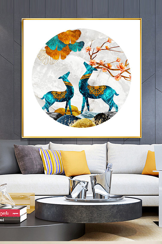 现代轻奢抽象金色麋鹿杏叶玄关装饰画