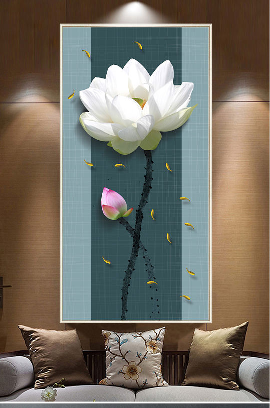 新中式禅意手绘工笔荷花玄关装饰画
