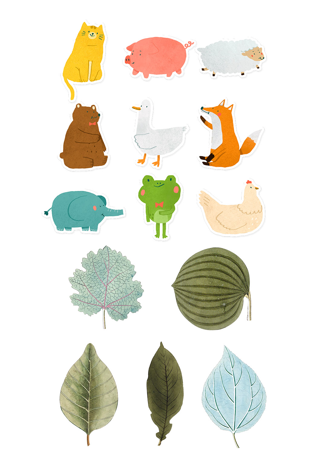 可爱的动物插画与叶子素材