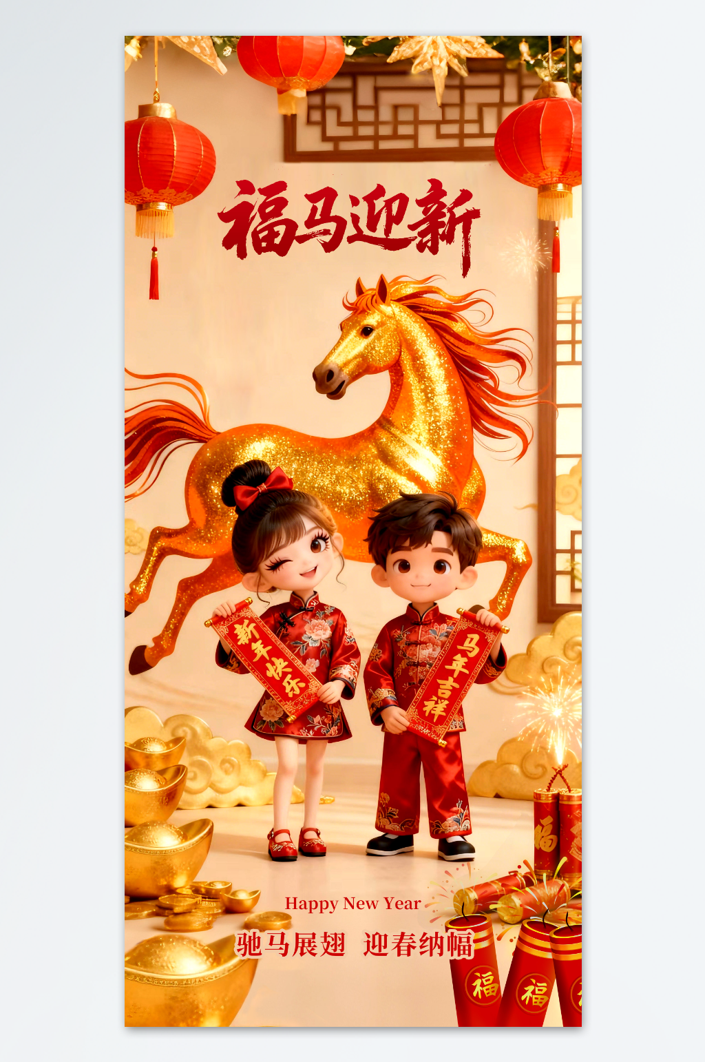 金色福气满满的福马迎新海报素材