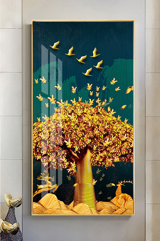 新中式金色麋鹿发财树玄关-众图网