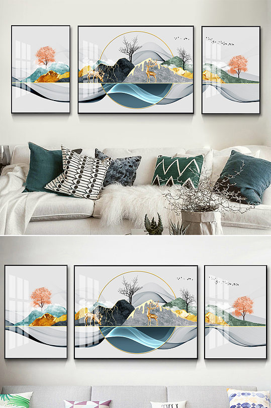 新中式山水线条麋鹿装饰画-众图网