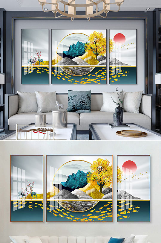 新中式山水金色麋鹿装饰画-众图网