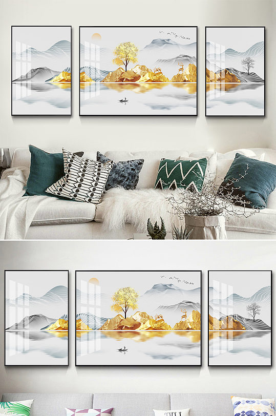 新中式麋鹿金色山水装饰画-众图网