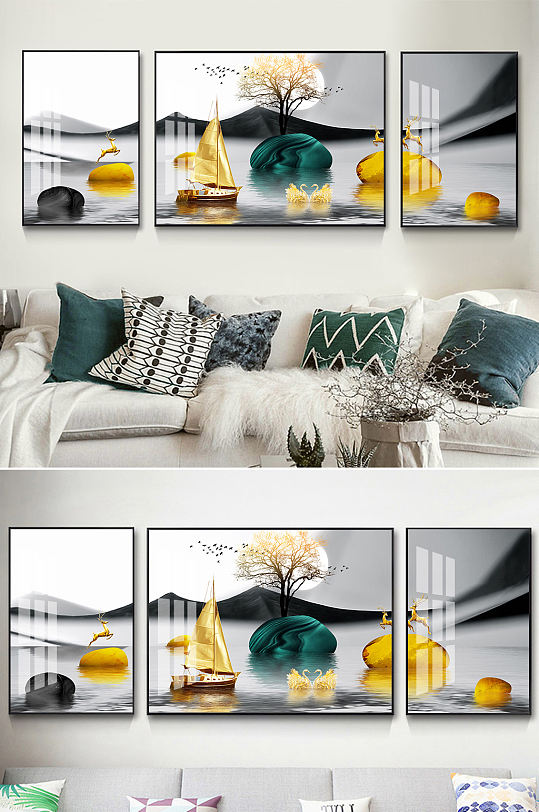 新中式山水麋鹿帆船装饰画-众图网