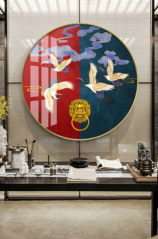 新中式国画仙鹤祥云装饰画-众图网