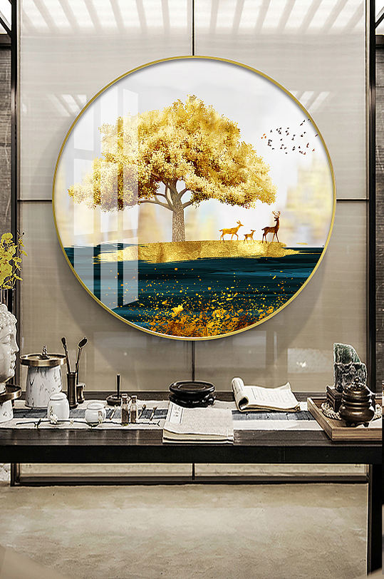 新中式金色麋鹿山水装饰画-众图网