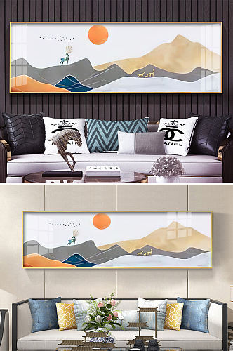 新中式抽象山水麋鹿装饰画