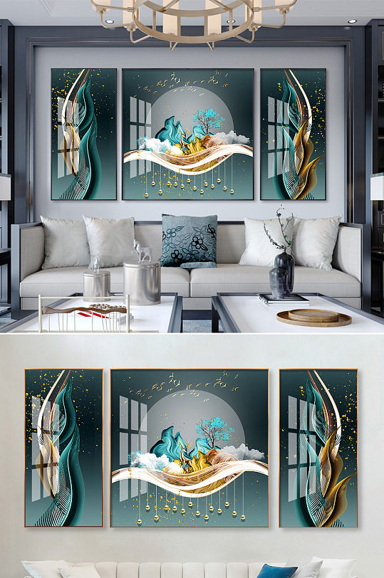 新中式轻奢金色麋鹿羽毛抽象装饰画