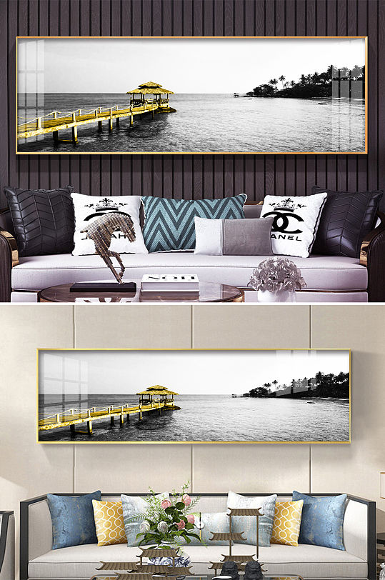 现代唯美黑白海洋风景金色桥装饰画