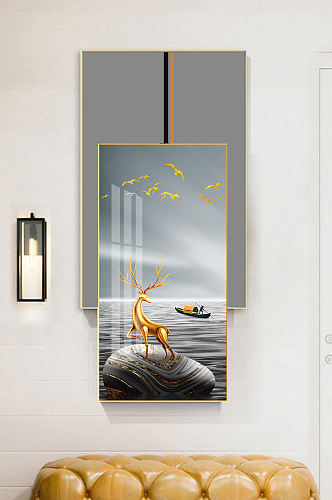 新中式轻奢金色麋鹿海洋石来运转组合装饰画