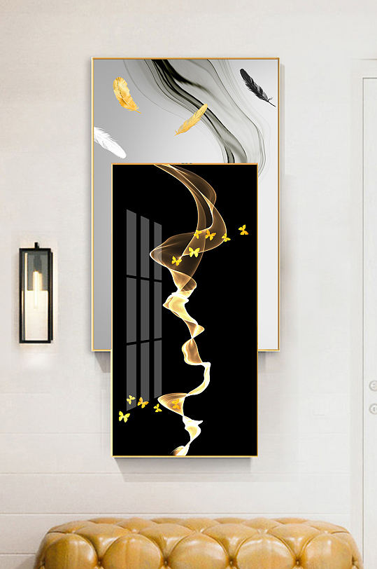 新中式轻奢金色羽毛抽象线条组合装饰画
