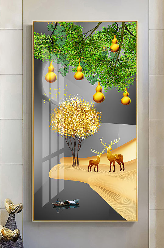 新中式金色葫芦麋鹿发财树玄关装饰画