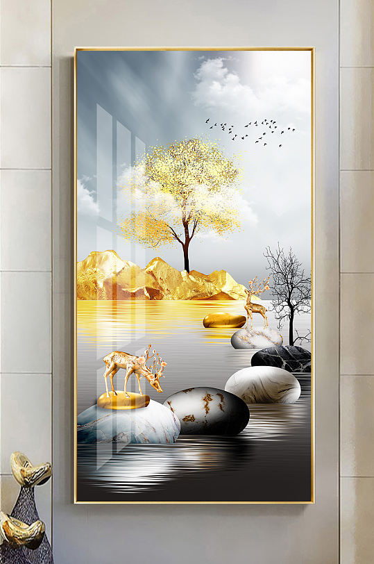 新中式轻奢金色麋鹿山水石头玄关装饰画