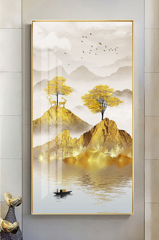 新中式轻奢金色山水发财树玄关装饰画