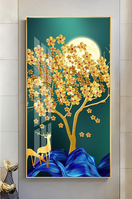 新中式金色梅花麋鹿飘带玄关装饰画