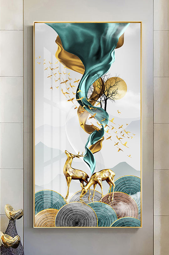新中式轻奢山水金色麋鹿飘带玄关装饰画
