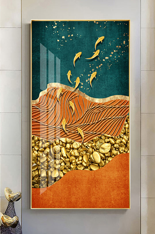 现代轻奢金色游鱼线条抽象玄关装饰画