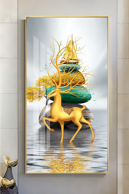 现代轻奢金色麋鹿石来运转玄关装饰画