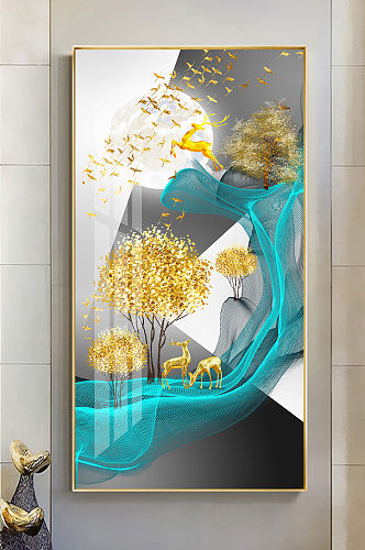 现代轻奢抽象金色麋鹿抽象线条玄关装饰画