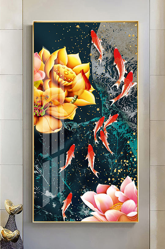新中式轻奢鲤鱼牡丹花玄关装饰画