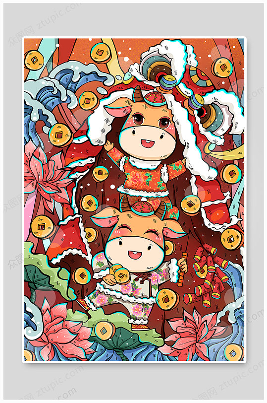 手绘2021牛年新年海报