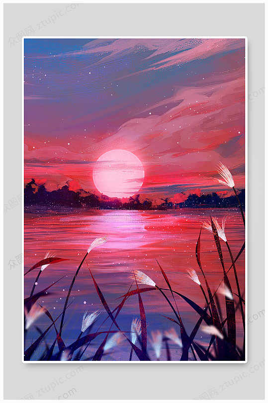 旁玩夕阳落山寒露风景插画