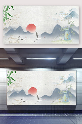 中国风山水画背景展架设计