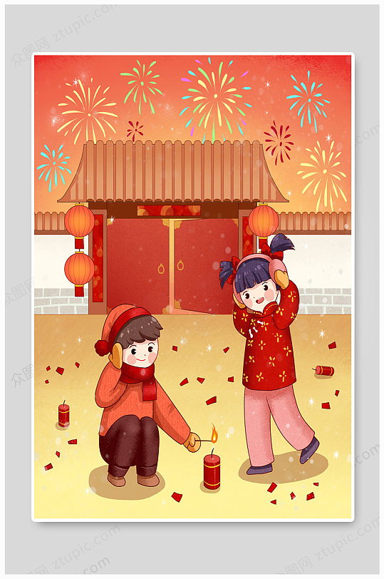 春节喜庆红色简约大气插画