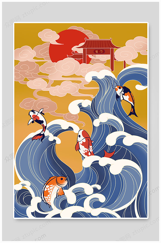 鲤鱼跳龙门国潮插画