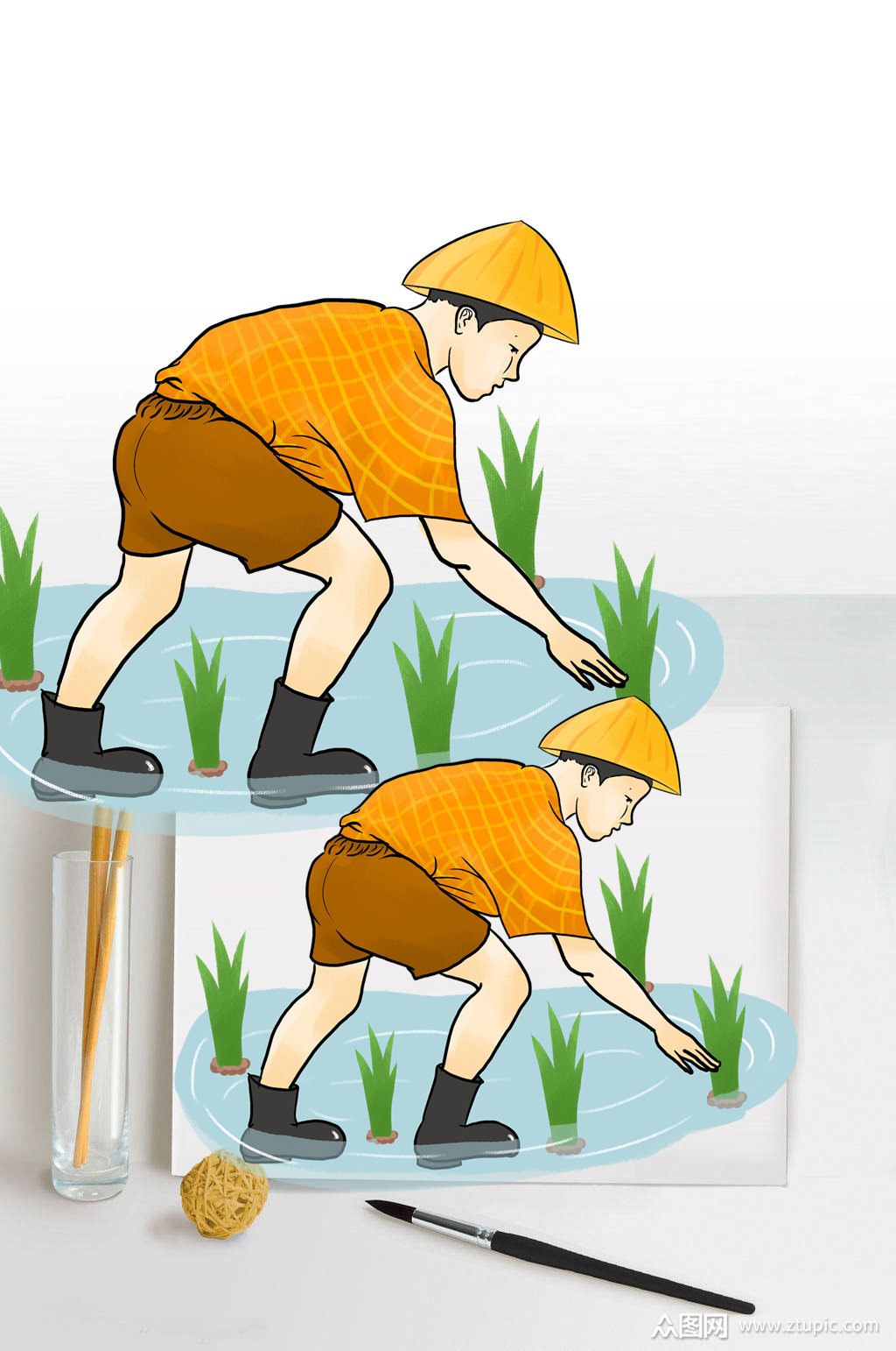 芒种时节插秧场景插画素材