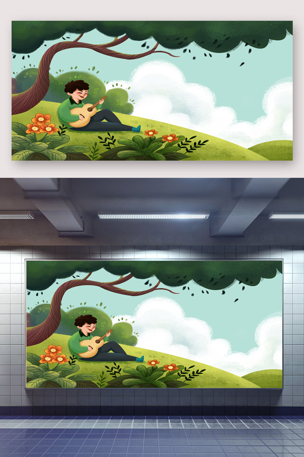 春天场景插画弹吉他的男孩素材