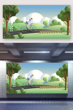 骑自行车的男孩场景插画设计