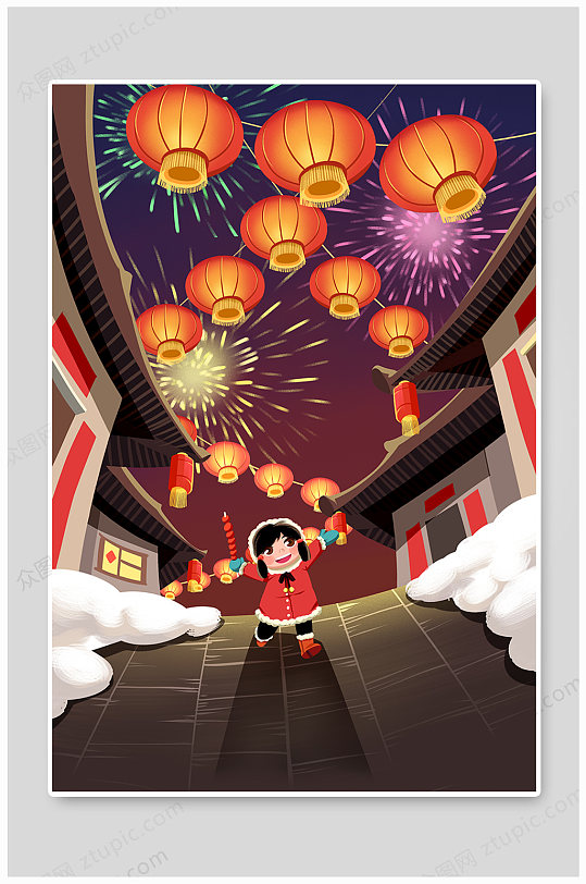 春节场景插画烟花场景