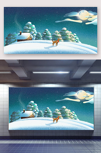 冬季蓝色麋鹿插画展架