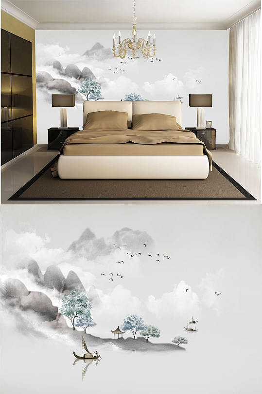 船水墨画飞鸟水墨山水意境-众图网