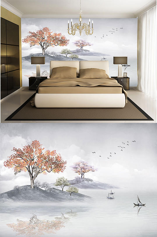 树船飞鸟水墨画水墨山水-众图网
