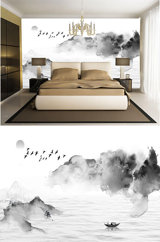 水墨画飞鸟船水墨山水-众图网