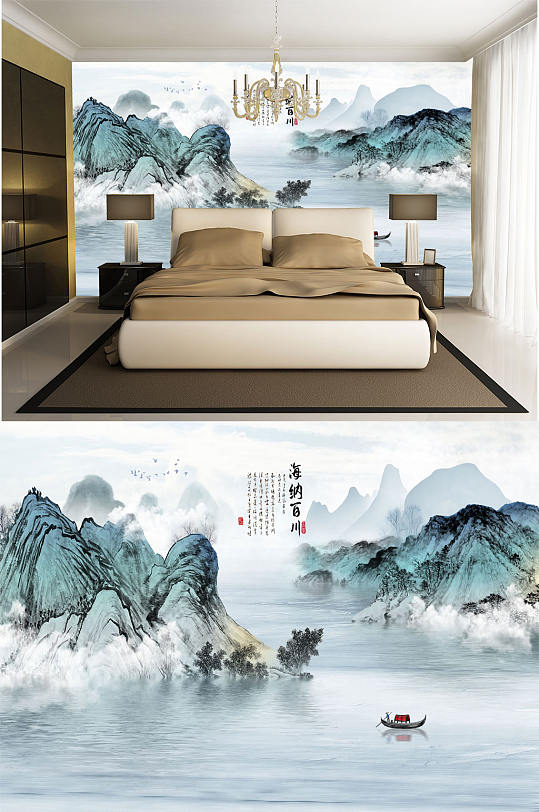 水墨画船水墨山水海纳百川-众图网