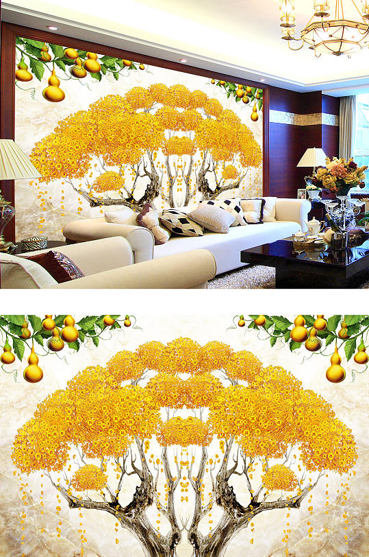 摇钱树葫芦背景墙-众图网