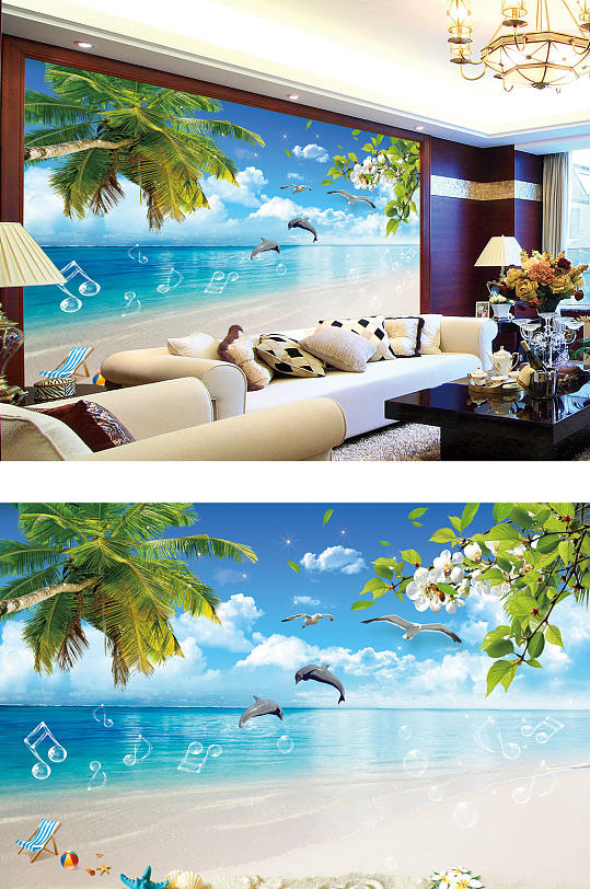 海边沙滩海豚背景墙-众图网