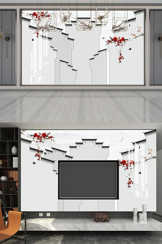 水墨画梅花马头墙-众图网