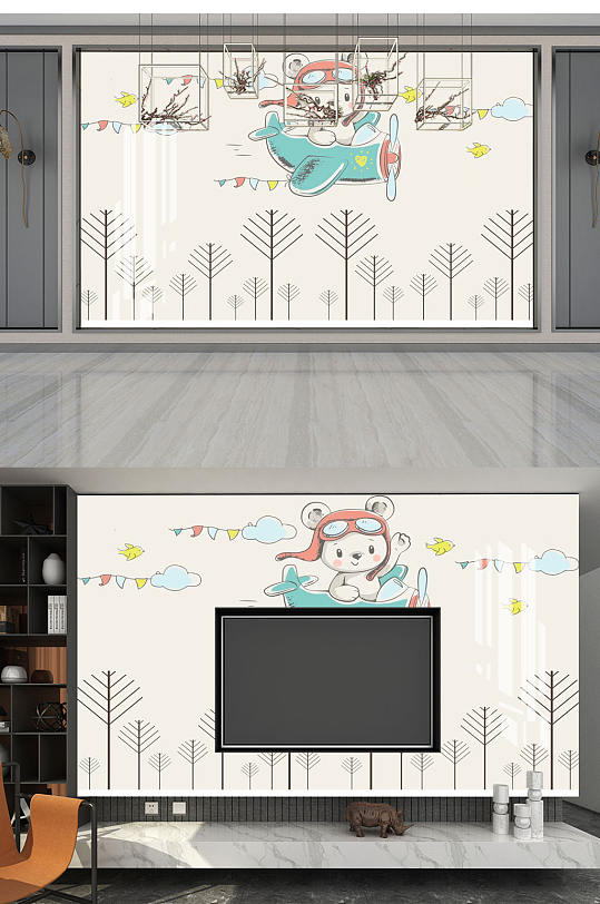 儿童卡通飞机背景墙-众图网