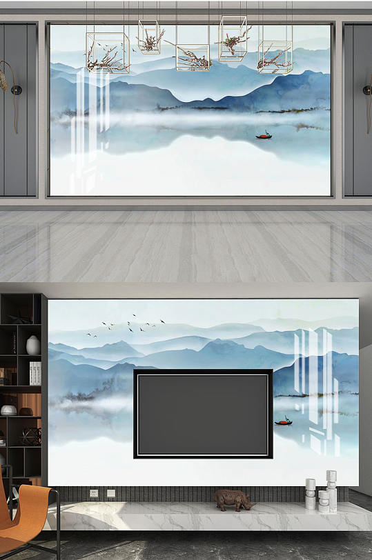 水墨画电视背景墙-众图网