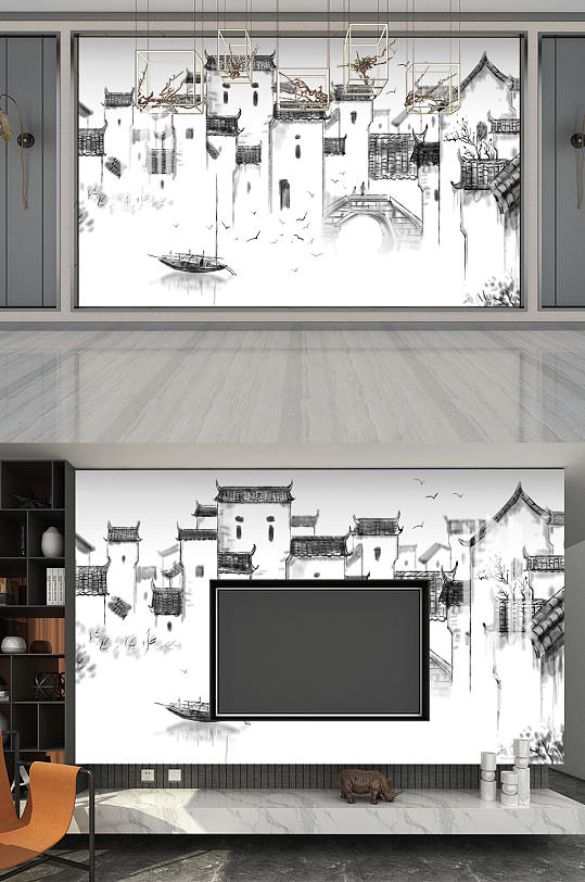 水墨画江南水乡桥-众图网