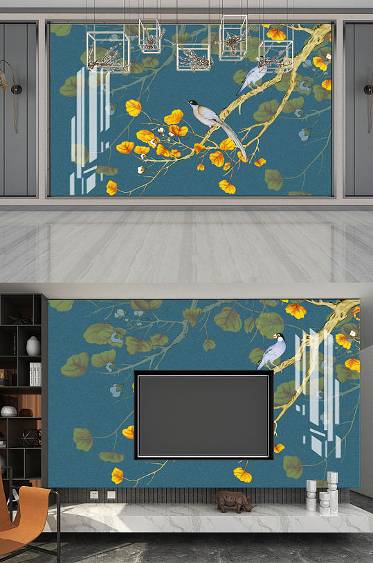 花鸟画木棉花电视背景墙