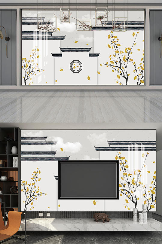 花鸟画马头墙银杏树背景墙-众图网