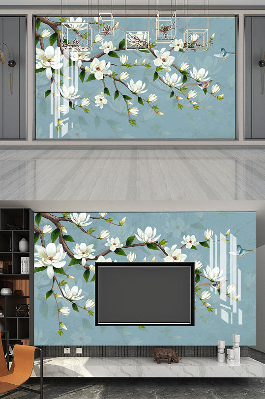手绘玉兰花鸟电视背景墙图片-手绘玉兰花鸟电视背景墙效果图-手绘玉兰